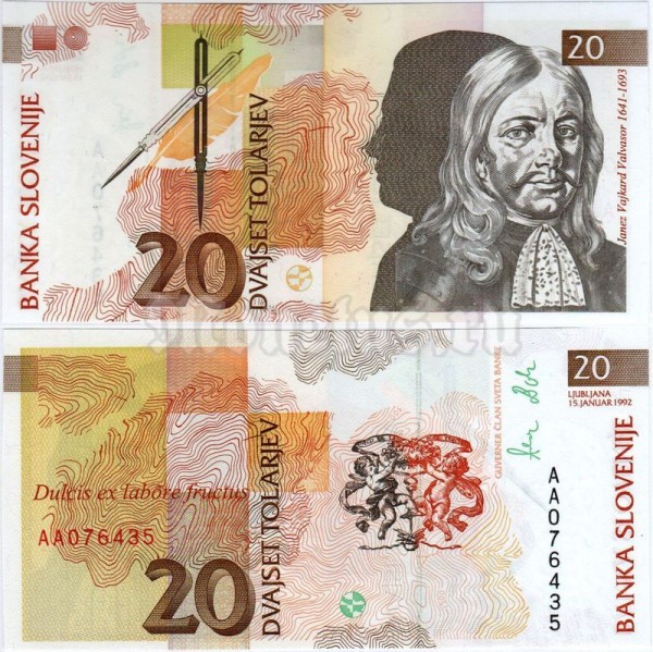 банкнота Словения 20 толаров 1992 год - Янез Вайкард Вальвазор, историк
