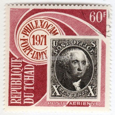 марка Чад 60 франков "10 centimes black "Washington" U.S.?" 1971 год Гашение