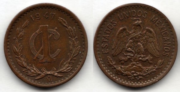 монета Мексика 1 сентаво 1947 год