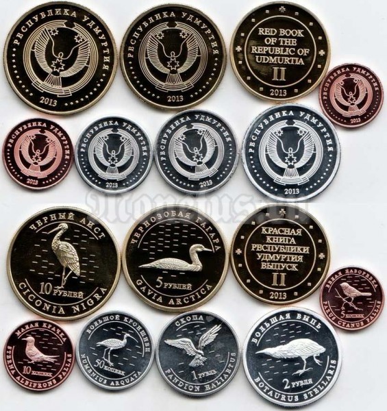 республика Удмуртия набор из 8-ми монетовидных жетонов и 2013 год серия "Красная книга Удмуртии" птицы