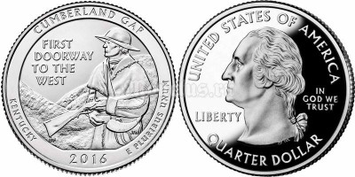Монета США 25 центов 2016 год штат Кентукки, Национальный исторический парк Камберленд Гэп, 32-й