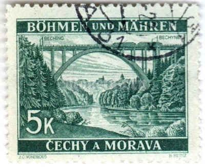 марка Богемия и Моравия 5 крон "Beching / Bechyně" 1940 год Гашение
