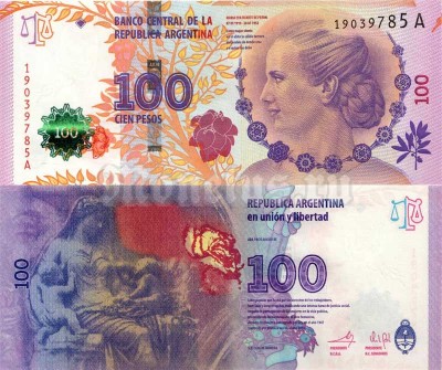 банкнота Аргентина 100 песо 2012 год - 60 лет со дня смерти Эвы Перон, серия А