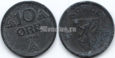 монета Норвегия 10 эре 1942 год