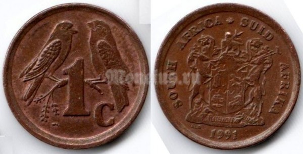 монета Южная Африка 1 цент 1991 год