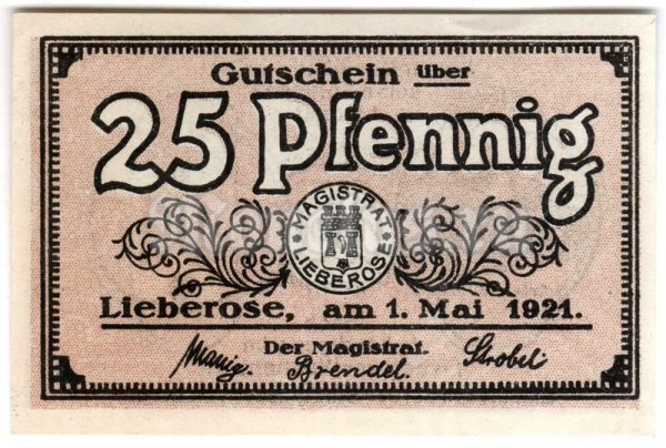 Нотгельд Германия 25 пфеннигов 1921 год Lieberose