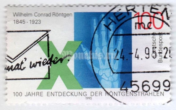 марка ФРГ 100 пфенниг "Röntgen, Wilhelm Conrad" 1995 год Гашение