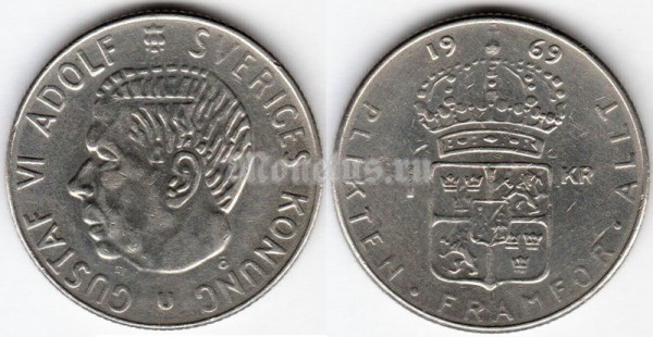монета Швеция 1 крона 1969 год - Король Густав VI Адольф