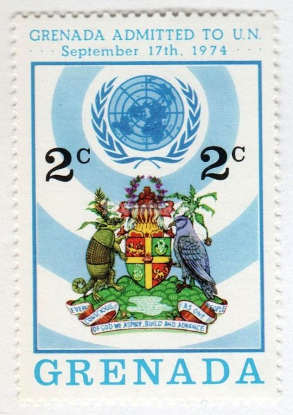 марка Гренада 2 цента "U.N. emblem and Grenada coat of arms" 1975 год