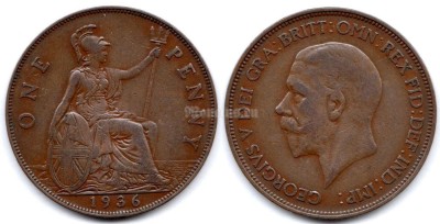 Монета Великобритания 1 пенни 1936 год