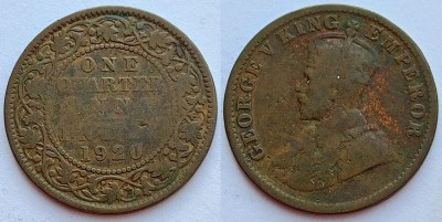 монета Британская Индия 1/4 анна 1920 год Георг V