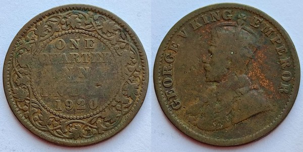 монета Британская Индия 1/4 анна 1920 год Георг V
