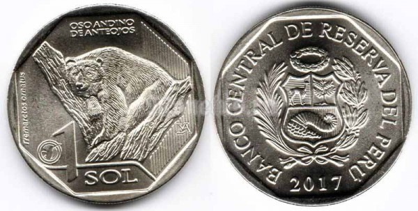 ​монета Перу 1 новый соль 2017 год серия Фауна Перу - Очковый медведь (Tremarctos ornatus)