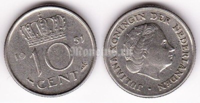 монета Нидерланды 10 центов 1951 год