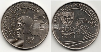 Монета Португалия 200 эскудо 1991 год Великие географические открытия - Колумб