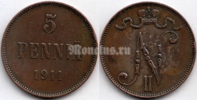 Монета Русская Финляндия 5 пенни 1911 год
