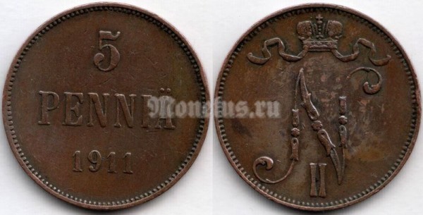 Монета Русская Финляндия 5 пенни 1911 год