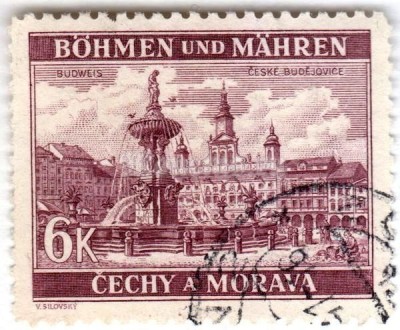 марка Богемия и Моравия 6 крон "Budweis / Ceske Budejovice" 1940 год Гашение