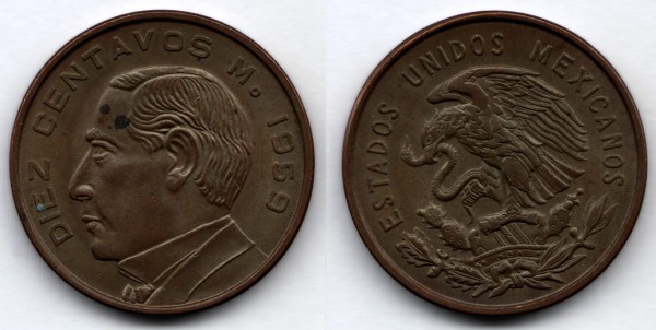 монета Мексика 10 сентаво 1959 год - Бенито Хуарес