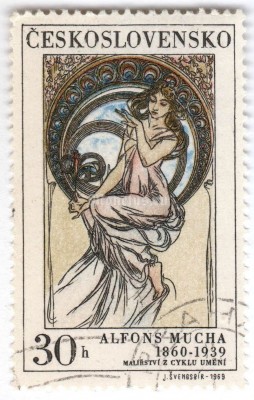 марка Чехословакия 30 геллер "Alfons Mucha: Painting" 1969 год Гашение