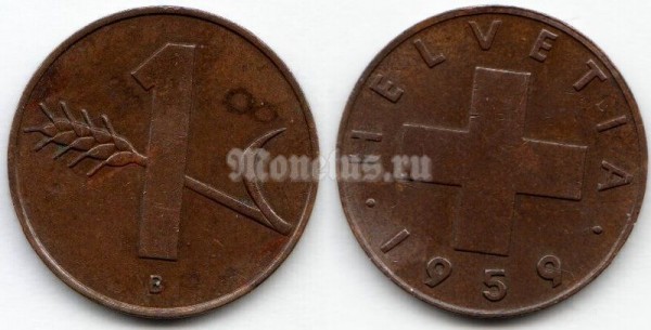монета Швейцария 1 раппен 1959 год