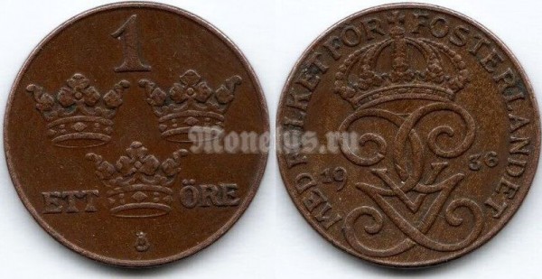 монета Швеция 1 эре 1936 год