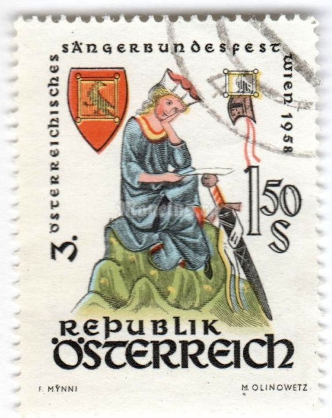 марка Австрия 1,50 шиллинга "Walther von der Vogelweide (c. 1170-c. 1230)" 1958 год Гашение
