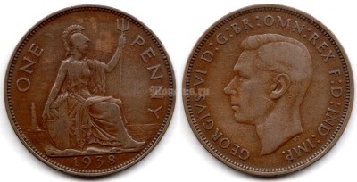 монета Великобритания 1 пенни 1938 год