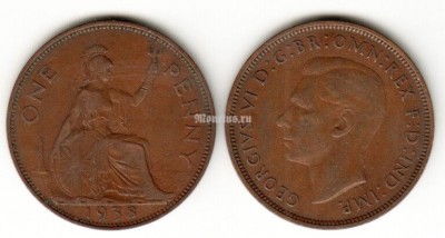 Монета Великобритания 1 пенни 1938 год