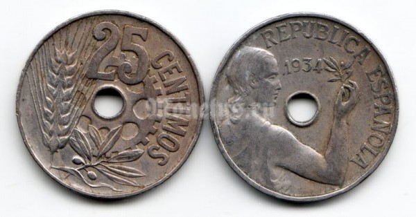 монета Испания 25 сантимов 1934 год