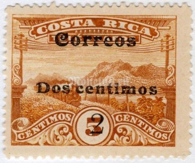 марка Коста-Рика 2 сантима "Telegrafos / Correos dos centimos 2c on 5c" 1912 год