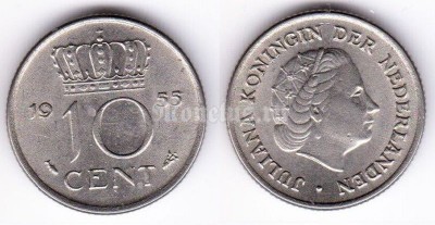 монета Нидерланды 10 центов 1955 год