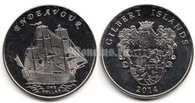 Монета Острова Гилберта 1 доллар 2014 год Британский парусник Endeavour