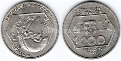 монета Португалия 200 эскудо 1991 год плывущие на Запад корабли