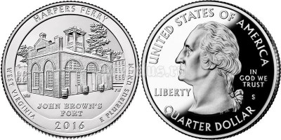 Монета США 25 центов 2016 год штат Национальный исторический парк Харперс Ферри, 33-й