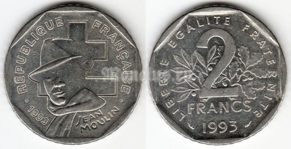 монета Франция 2 франка 1993 год - Жан Мулен