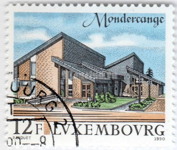 марка Люксембург 12 франков "Mondercange" 1990 год Гашение