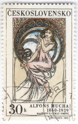 марка Чехословакия 30 геллер "Alfons Mucha: Painting*" 1969 год Гашение