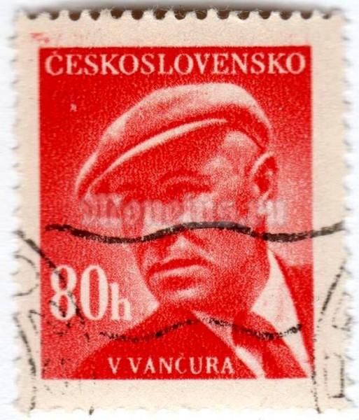 марка Чехословакия 80 геллер "Vladislav Vančura" 1949 год Гашение