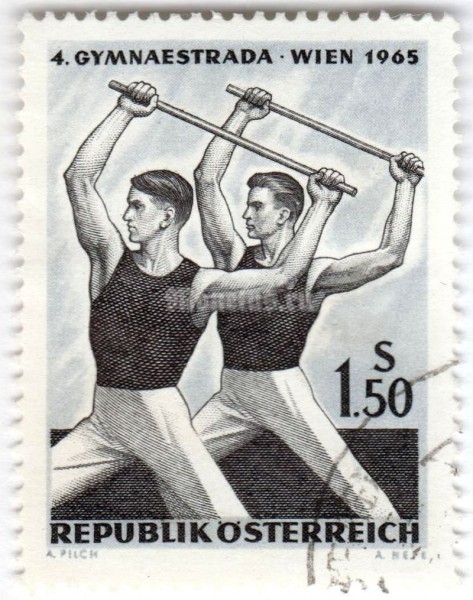 марка Австрия 1,50 шиллинга "Gymnasts with gym rod" 1965 год Гашение
