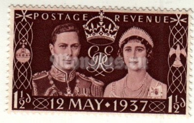 марка Великобритания 1 1/2 пенни "Коронация" 1937 год