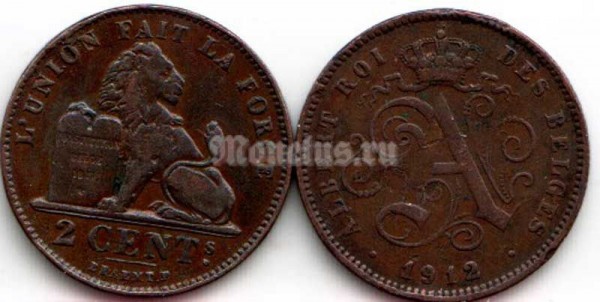 монета Бельгия 2 сантима 1909-1919 годы Король Альберт I