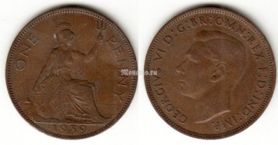 монета Великобритания 1 пенни 1939 год