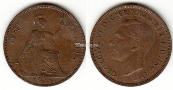 монета Великобритания 1 пенни 1939 год
