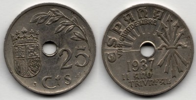 монета Испания 25 сантимов 1937 год