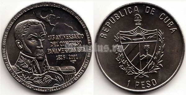 монета Куба 1 песо 2001 год - 175 лет Панамериканскому конгресу