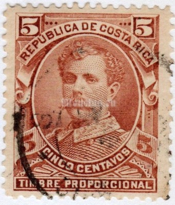 марка Коста-Рика 5 сантим "Ramón Bernardo Soto Alfaro (1854-1931)" 1889 год гашение