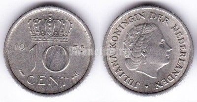 монета Нидерланды 10 центов 1956 год