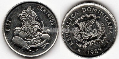 монета Доминикана 10 сентаво 1989 год