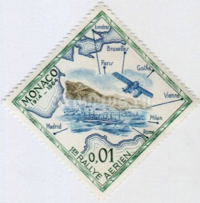 марка Монако 0,01 франка "Monte Carlos, seaplane, rallye map of 1914" 1964 год